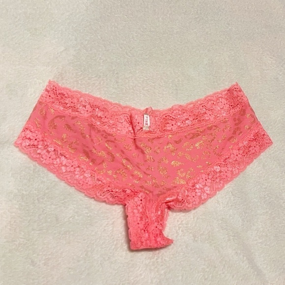 Victoria’s Secret PINK Gold Animal Print Lace Trim Cheeky Panty Small Low Rise - Picture 3 of 6